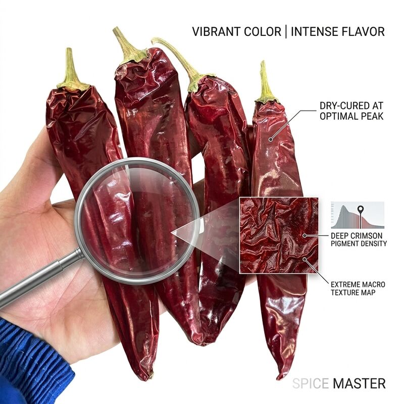 Bütün Kurutulmuş Kırmızı Biberler Doğal Güneşte Kurutulmuş İhracat Kalitesi Chile Rojo 5-8cm 20000-50000SHU Saplı Toplu